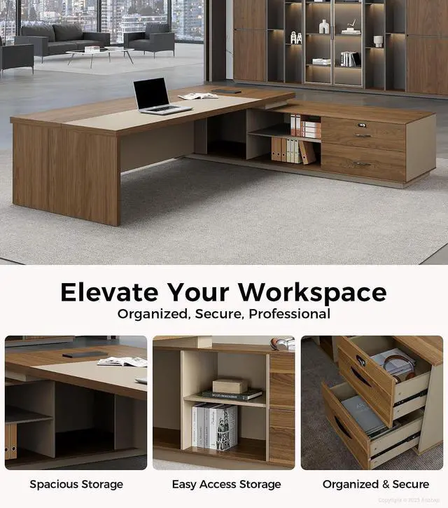 Alt view image 5 of 7 - 79" L-Shaped Executive Desk with Power Outlets & LED Lighting, Large Office Computer Desk with Drawers & Storage Shelves for Home Office, Corporate, School (Champagne & Beige, Right Return)