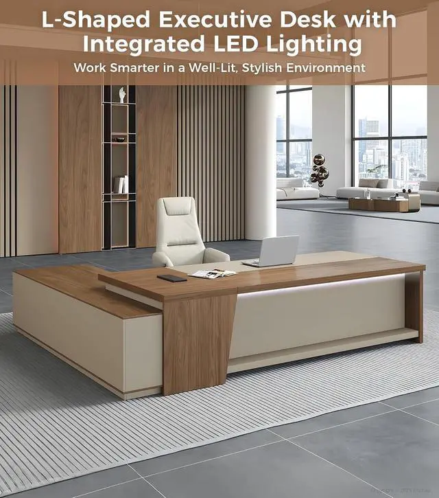 Alt view image 4 of 7 - 79" L-Shaped Executive Desk with Power Outlets & LED Lighting, Large Office Computer Desk with Drawers & Storage Shelves for Home Office, Corporate, School (Champagne & Beige, Right Return)