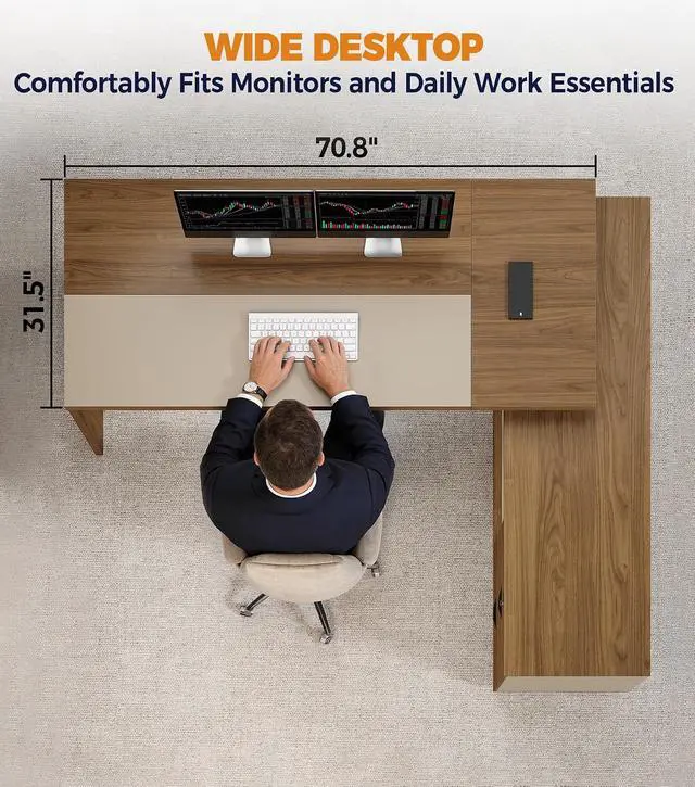 Alt view image 7 of 7 - 79" L-Shaped Executive Desk with Power Outlets & LED Lighting, Large Office Computer Desk with Drawers & Storage Shelves for Home Office, Corporate, School (Champagne & Beige, Right Return)