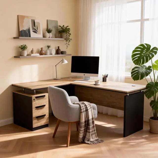 Alt view image 4 of 7 - 63 L Shaped Executive Desk with Locking Drawer & Privacy Panel, Solid One-Piece Office Desk, Reversible Modern L Shaped Desk for Professional Home or Business Workspace