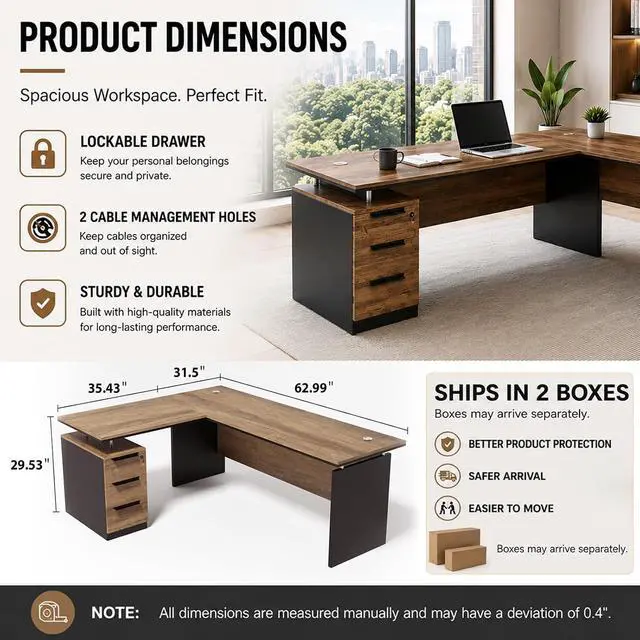 Alt view image 7 of 7 - 63 L Shaped Executive Desk with Locking Drawer & Privacy Panel, Solid One-Piece Office Desk, Reversible Modern L Shaped Desk for Professional Home or Business Workspace