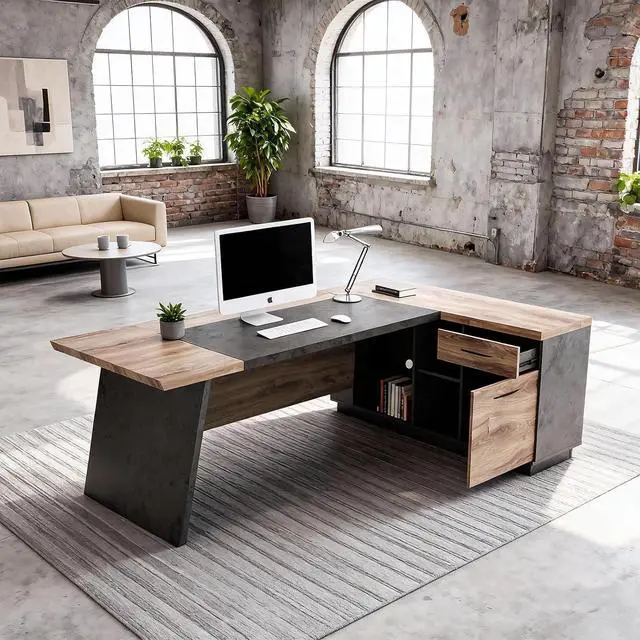 Alt view image 4 of 7 - 78.74 Inch L Shaped Office Desk with Drawers & Built-in Power Access, Large Executive Workstation with Storage Cabinet, Modern Wooden Desk for Business or Home Office (Mahogany, Right)