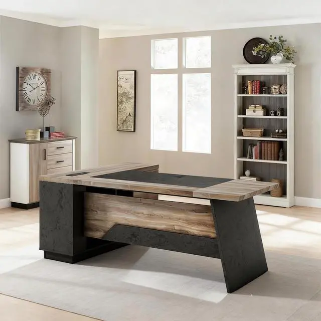 Alt view image 5 of 7 - 78.74 Inch L Shaped Office Desk with Drawers & Built-in Power Access, Large Executive Workstation with Storage Cabinet, Modern Wooden Desk for Business or Home Office (Mahogany, Right)