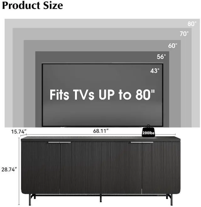Alt view image 3 of 6 - Farmhouse TV Stand with RGB Light for 65 Inch TV, 80 Inch TV Entertainment Center with Storage Cabinets, Wood Mid Century Modern Media TV Console Table for Living Room Bedroom (Black with RGB)