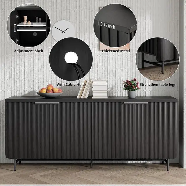 Alt view image 4 of 6 - Farmhouse TV Stand with RGB Light for 65 Inch TV, 80 Inch TV Entertainment Center with Storage Cabinets, Wood Mid Century Modern Media TV Console Table for Living Room Bedroom (Black with RGB)