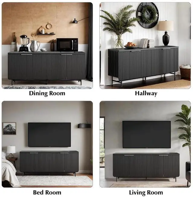 Alt view image 6 of 6 - Farmhouse TV Stand with RGB Light for 65 Inch TV, 80 Inch TV Entertainment Center with Storage Cabinets, Wood Mid Century Modern Media TV Console Table for Living Room Bedroom (Black with RGB)