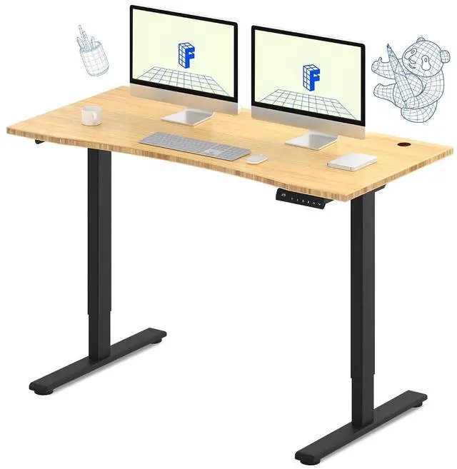 Main image of E3 Bamboo Dual Motor Electric Standing Desk 55 x 28 Sit Stand Up Desk, Holds 220 lbs, Adjustable Height w/Memory Presets, Solid Bamboo Curved Desktop & Black Frame, Ships in 2 Boxes