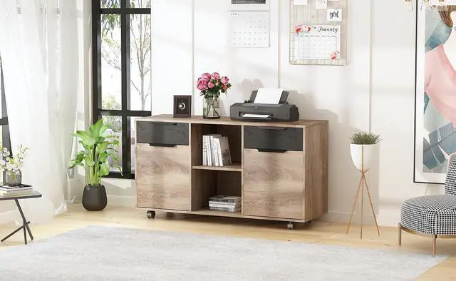 Alt view image 4 of 6 - 2-Drawer File Cabinet, Mobile Lateral Rolling Under Desk Filing Cabinet with Wheels, Printer Stand with Open Storage Shelves for Home Office,Executive Office Desk,Mahogany