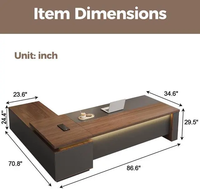 Alt view image 2 of 7 - 87" Reversible L-Shaped Executive Desk with Power Outlets & LED Lighting, Large Modern Office Desk with Drawers & Storage Shelves for Home Office, Corporate, School (87" W x 71" D x 30" H)