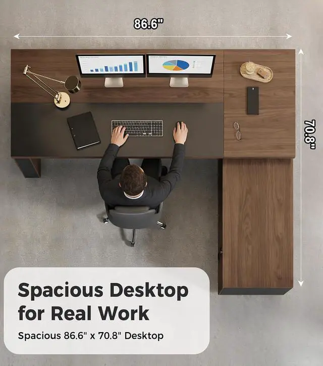 Alt view image 6 of 7 - 87" Reversible L-Shaped Executive Desk with Power Outlets & LED Lighting, Large Modern Office Desk with Drawers & Storage Shelves for Home Office, Corporate, School (87" W x 71" D x 30" H)