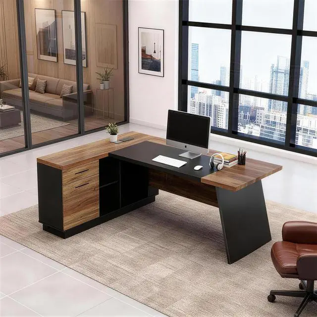 Main image of 78.74 Inch L Shaped Office Desk with Drawers & Built-in Power Access, Large Executive Workstation with Storage Cabinet, Modern Wooden Desk for Business or Home Office (claybank, Left)