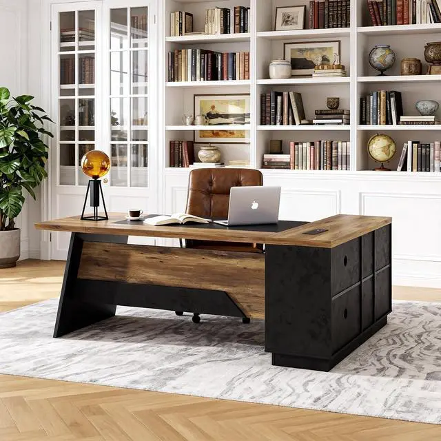 Alt view image 3 of 7 - 78.74 Inch L Shaped Office Desk with Drawers & Built-in Power Access, Large Executive Workstation with Storage Cabinet, Modern Wooden Desk for Business or Home Office (claybank, Left)
