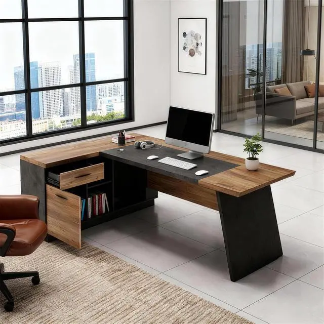 Alt view image 5 of 7 - 78.74 Inch L Shaped Office Desk with Drawers & Built-in Power Access, Large Executive Workstation with Storage Cabinet, Modern Wooden Desk for Business or Home Office (claybank, Left)