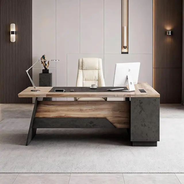 Alt view image 3 of 7 - 78.74 Inch L Shaped Office Desk with Drawers & Built-in Power Access, Large Executive Workstation with Storage Cabinet, Modern Wooden Desk for Business or Home Office (Mahogany, Left)
