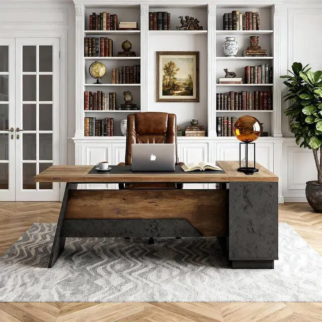 Alt view image 4 of 7 - 78.74 Inch L Shaped Office Desk with Drawers & Built-in Power Access, Large Executive Workstation with Storage Cabinet, Modern Wooden Desk for Business or Home Office (claybank, Left)