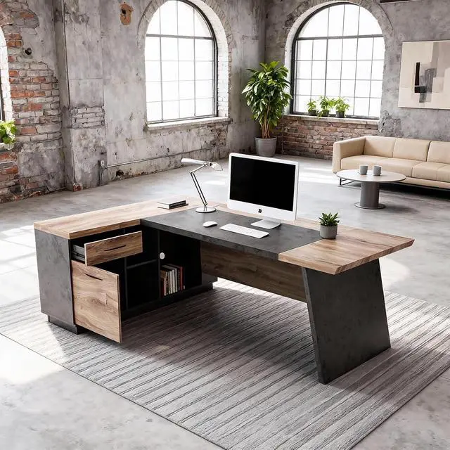 Alt view image 4 of 7 - 78.74 Inch L Shaped Office Desk with Drawers & Built-in Power Access, Large Executive Workstation with Storage Cabinet, Modern Wooden Desk for Business or Home Office (Mahogany, Left)