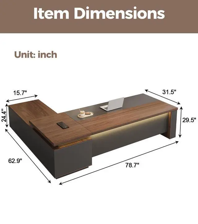 Alt view image 2 of 7 - 79" Reversible L-Shaped Executive Desk with Power Outlets & LED Lighting, Large Modern Office Desk with Drawers & Storage Shelves for Home Office, Corporate, School (79" W x 63" D x 30" H)