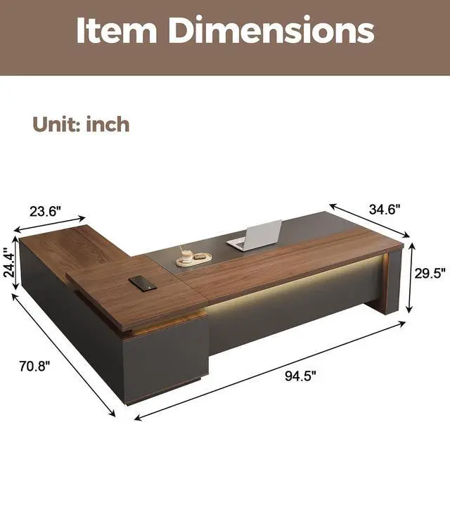 Alt view image 2 of 7 - 95" Reversible L-Shaped Executive Desk with Drawers Luxury Office Computer Desk with Open Shelves, LED Lighting, Built-in Outlet & USB Ports for Home Office, Corporate, School (95"W x 71"D x 30"H)