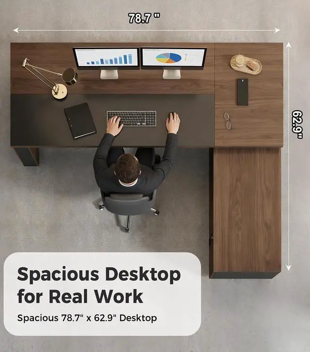 Alt view image 6 of 7 - 79" Reversible L-Shaped Executive Desk with Power Outlets & LED Lighting, Large Modern Office Desk with Drawers & Storage Shelves for Home Office, Corporate, School (79" W x 63" D x 30" H)