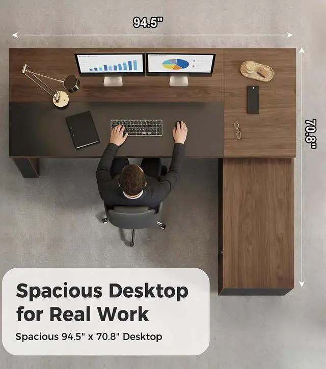 Alt view image 6 of 7 - 95" Reversible L-Shaped Executive Desk with Drawers Luxury Office Computer Desk with Open Shelves, LED Lighting, Built-in Outlet & USB Ports for Home Office, Corporate, School (95"W x 71"D x 30"H)