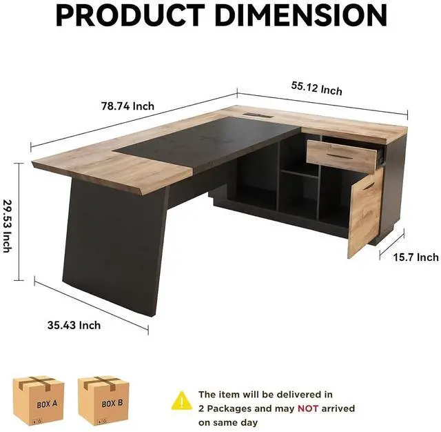 Alt view image 2 of 7 - 78.74 Inch L Shaped Office Desk with Drawers & Built-in Power Access, Large Executive Workstation with Storage Cabinet, Modern Wooden Desk for Business or Home Office (claybank, Right)