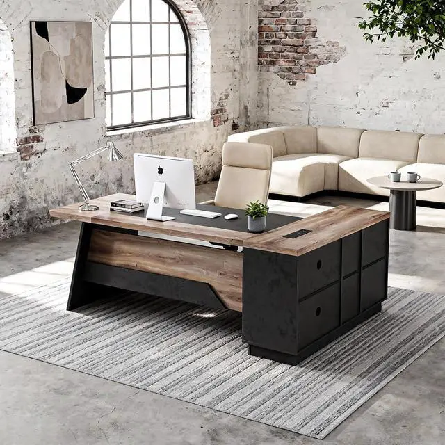 Alt view image 5 of 7 - 78.74 Inch L Shaped Office Desk with Drawers & Built-in Power Access, Large Executive Workstation with Storage Cabinet, Modern Wooden Desk for Business or Home Office (Mahogany, Left)