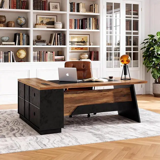 Main image of 78.74 Inch L Shaped Office Desk with Drawers & Built-in Power Access, Large Executive Workstation with Storage Cabinet, Modern Wooden Desk for Business or Home Office (claybank, Right)
