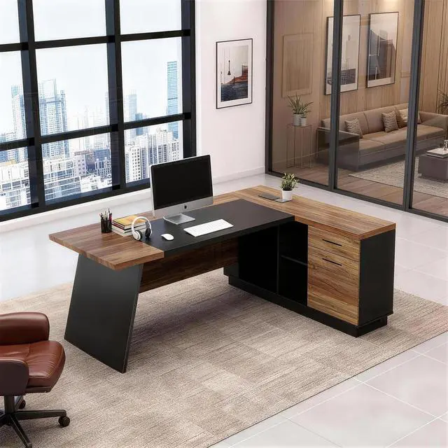 Alt view image 3 of 7 - 78.74 Inch L Shaped Office Desk with Drawers & Built-in Power Access, Large Executive Workstation with Storage Cabinet, Modern Wooden Desk for Business or Home Office (claybank, Right)