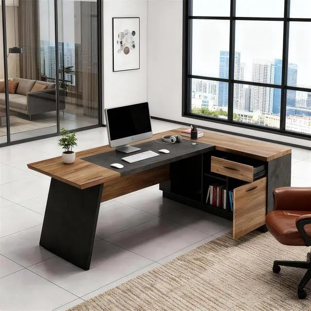 Alt view image 4 of 7 - 78.74 Inch L Shaped Office Desk with Drawers & Built-in Power Access, Large Executive Workstation with Storage Cabinet, Modern Wooden Desk for Business or Home Office (claybank, Right)