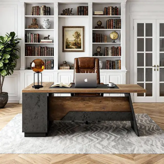 Alt view image 5 of 7 - 78.74 Inch L Shaped Office Desk with Drawers & Built-in Power Access, Large Executive Workstation with Storage Cabinet, Modern Wooden Desk for Business or Home Office (claybank, Right)