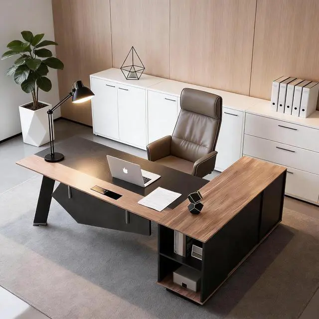 Main image of 63 L-Shaped Office Desk with Built-in Power Outlet, Reversible Executive Desk with Storage Cabinet, Modern Home Office Desk for Corner Workspaces