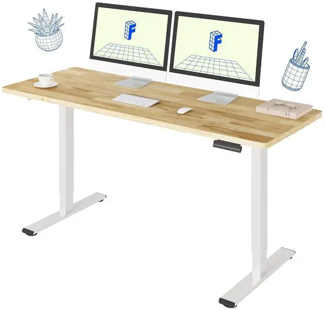 Main image of E3 Solid Wood Dual Motor 63 x 24 Electric Standing Desk Sit Stand Desk, Holds 220 lbs, Adjustable Height w/Memory Presets, Butcher Block Rubberwood Desktop & White Frame, Ships in 2 Boxes