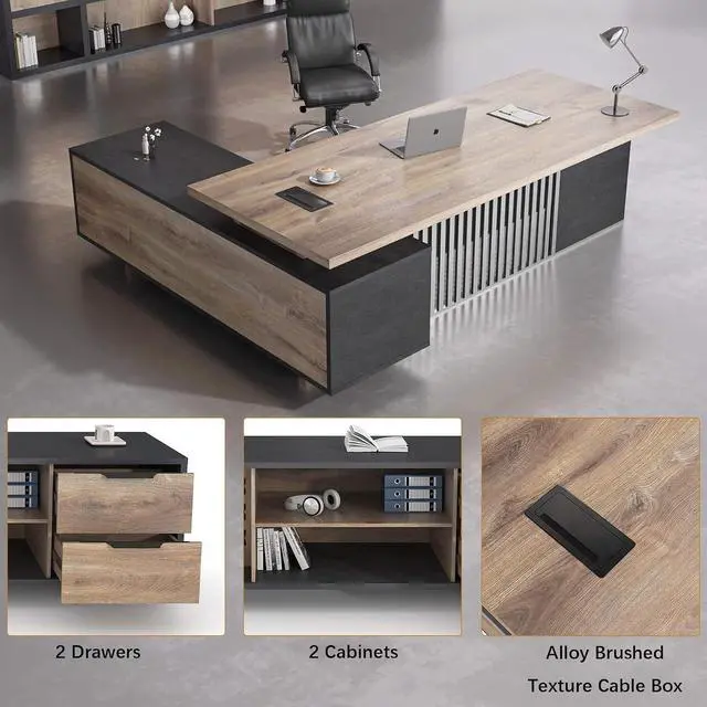 Alt view image 5 of 7 - Executive Desk with Privacy Panel, Large Office Desk for Small Business, Computer Desk with Drawers & Storage Cabinets, Thick One-Piece Tabletop (Left Return, 78.7")