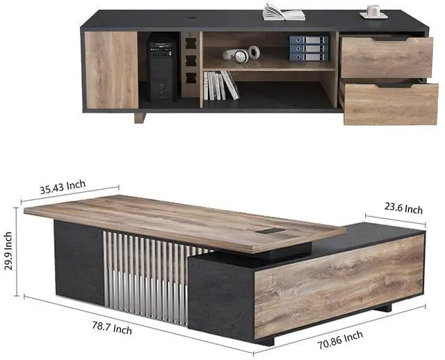 Alt view image 2 of 7 - Executive Desk with Privacy Panel, Large Office Desk for Small Business, Computer Desk with Drawers & Storage Cabinets, Thick One-Piece Tabletop (Left Return, 78.7")