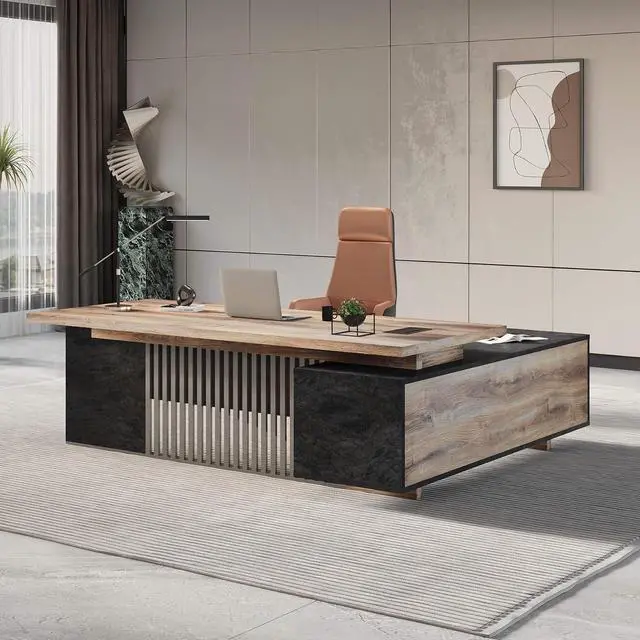 Alt view image 3 of 7 - Executive Desk with Privacy Panel, Large Office Desk for Small Business, Computer Desk with Drawers & Storage Cabinets, Thick One-Piece Tabletop (Left Return, 78.7")