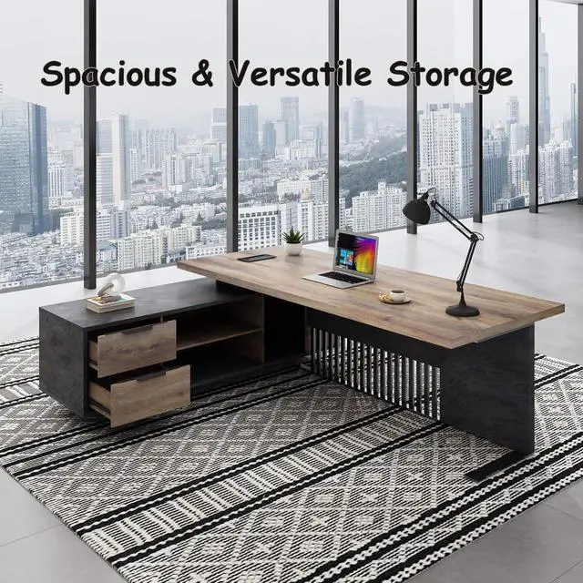 Alt view image 6 of 7 - Executive Desk with Privacy Panel, Large Office Desk for Small Business, Computer Desk with Drawers & Storage Cabinets, Thick One-Piece Tabletop (Left Return, 78.7")