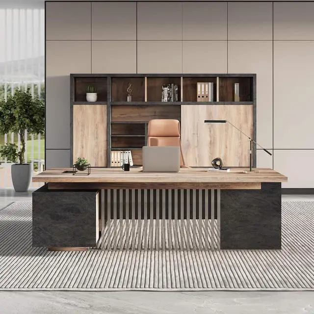 Alt view image 7 of 7 - Executive Desk with Privacy Panel, Large Office Desk for Small Business, Computer Desk with Drawers & Storage Cabinets, Thick One-Piece Tabletop (Left Return, 78.7")