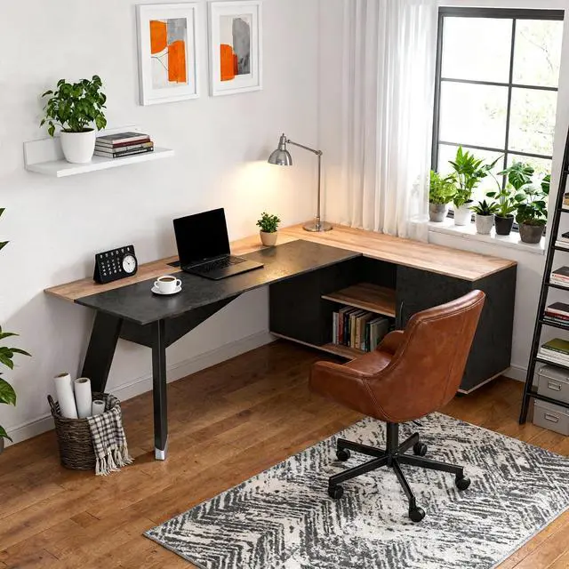 Alt view image 3 of 6 - 63 L-Shaped Office Desk with Built-in Power Outlet, Reversible Executive Desk with Storage Cabinet, Modern Home Office Desk for Corner Workspaces