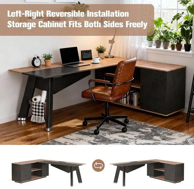 Alt view image 5 of 6 - 63 L-Shaped Office Desk with Built-in Power Outlet, Reversible Executive Desk with Storage Cabinet, Modern Home Office Desk for Corner Workspaces