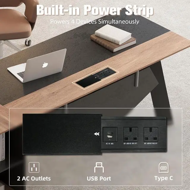 Alt view image 4 of 6 - 63 L-Shaped Office Desk with Built-in Power Outlet, Reversible Executive Desk with Storage Cabinet, Modern Home Office Desk for Corner Workspaces