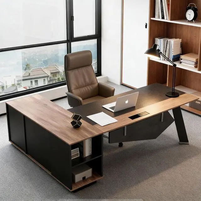Alt view image 6 of 6 - 63 L-Shaped Office Desk with Built-in Power Outlet, Reversible Executive Desk with Storage Cabinet, Modern Home Office Desk for Corner Workspaces