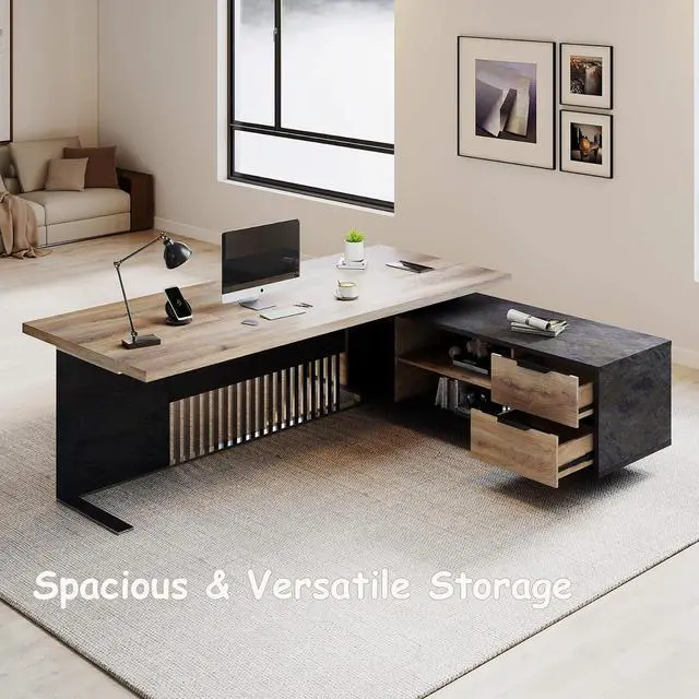 Alt view image 6 of 7 - Executive Desk with Privacy Panel, Large Office Desk for Small Business, Computer Desk with Drawers & Storage Cabinets, Thick One-Piece Tabletop (Right Return, 70.86")