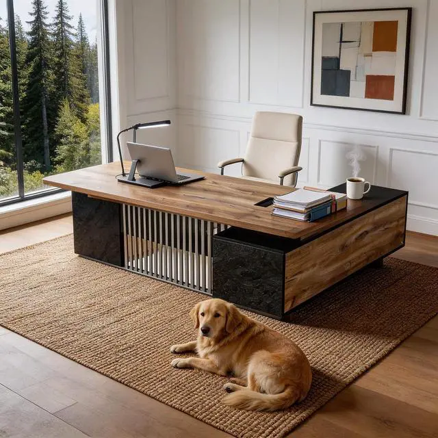 Main image of Executive Desk with Privacy Panel, Large Office Desk for Small Business, Computer Desk with Drawers & Storage Cabinets, Thick One-Piece Tabletop (Left Return, 70.86")