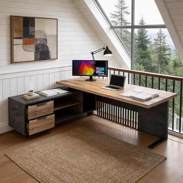 Alt view image 3 of 7 - Executive Desk with Privacy Panel, Large Office Desk for Small Business, Computer Desk with Drawers & Storage Cabinets, Thick One-Piece Tabletop (Left Return, 70.86")