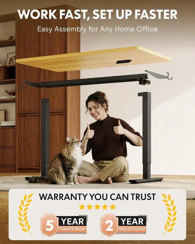 Alt view image 4 of 7 - EN1 One-Piece Standing Desk, 48"x24" Seamless Desktop Electric Height Adjustable Desk for Home Office, Multi-Monitor Setups & Easy Assembly, Maple (Black Frame)