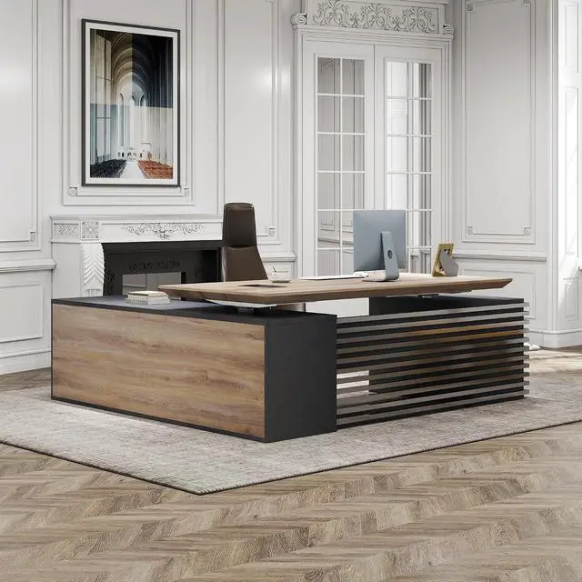 Alt view image 6 of 6 - 86.61IN Adjustable Heigh L Shaped Executive Desk w/Cabinet Storage, Modern Computer Standing Home Office Desk w/File Cabinet, AC/USB, Large Writing Table Business Workstation