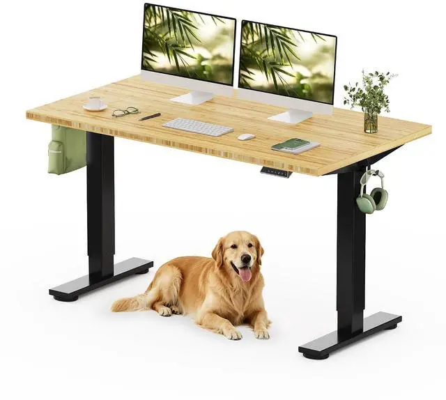 Main image of Solid Bamboo Standing Desk, 55" x 28" Real Bamboo Desktop with Natural Grain, Durable & Sustainable Workstation for Home Office and Multi-Monitor Setups (Black Frame)
