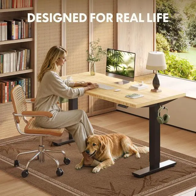 Alt view image 3 of 7 - Solid Bamboo Standing Desk, 55" x 28" Real Bamboo Desktop with Natural Grain, Durable & Sustainable Workstation for Home Office and Multi-Monitor Setups (Black Frame)