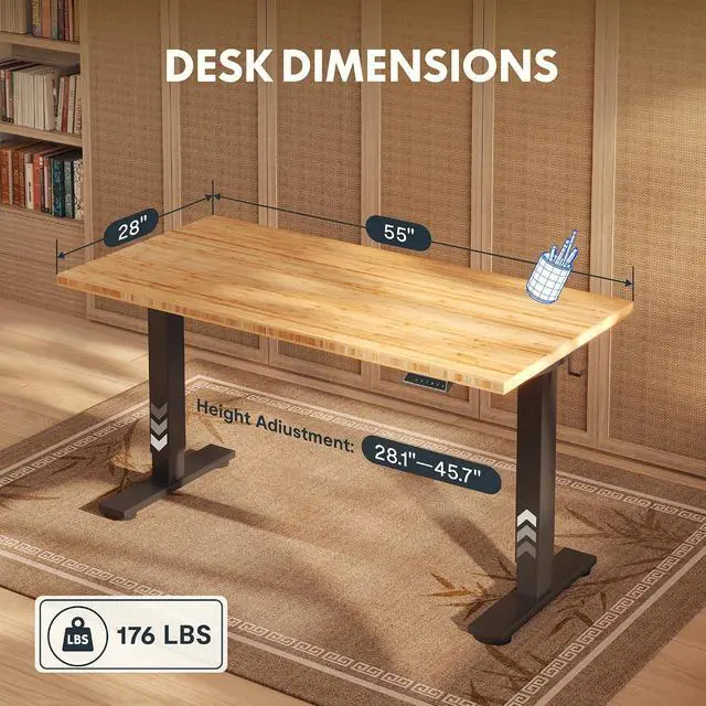 Alt view image 2 of 7 - Solid Bamboo Standing Desk, 55" x 28" Real Bamboo Desktop with Natural Grain, Durable & Sustainable Workstation for Home Office and Multi-Monitor Setups (Black Frame)
