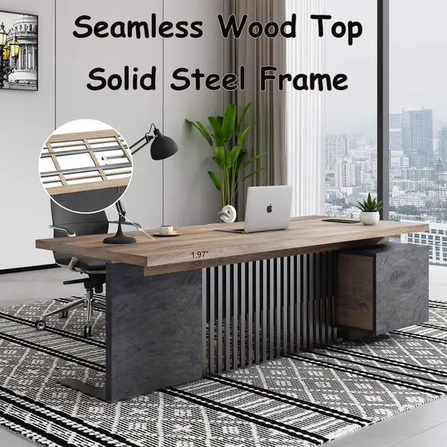 Alt view image 7 of 7 - Executive Desk with Privacy Panel, Large Office Desk for Small Business, Computer Desk with Drawers & Storage Cabinets, Thick One-Piece Tabletop (Left Return, 70.86")